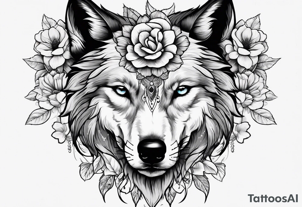 Wolf head half skull half real with flowers around tattoo idea