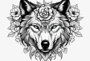 Wolf head half skull half real with flowers around tattoo idea