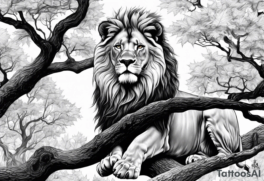 The lion of Judah, which is Jesus Christ, is tied and intertwined within a maple tree. tattoo idea