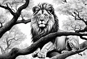 The lion of Judah, which is Jesus Christ, is tied and intertwined within a maple tree. tattoo idea