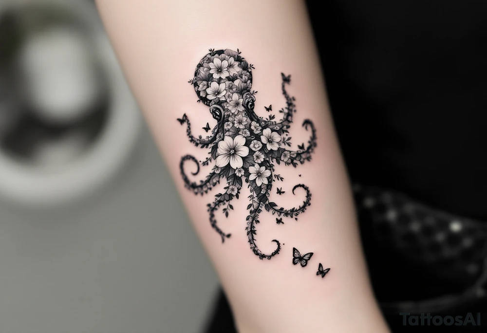 A fine-line tattoo design of a single octopus made entirely of flowers and butterflies. The octopus’s tentacles are shaped like flowing floral vines with leaves and petals, and its body is composed of overlapping blossoms and butterfly wings. Incorporate sacred geometry. The style is minimalist, elegant, and nature-inspired, with delicate black and grey lines, soft shading, and no outlines. No aquatic or marine elements besides the floral octopus. The design flows organically down the upper arm or shoulder, with a light, airy, and poetic feel. tattoo idea