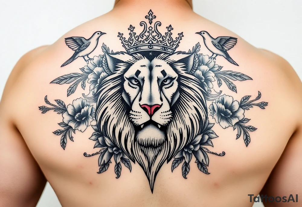 powerful majestic lion with a crown, surrounded by floral ornaments and birds tattoo idea