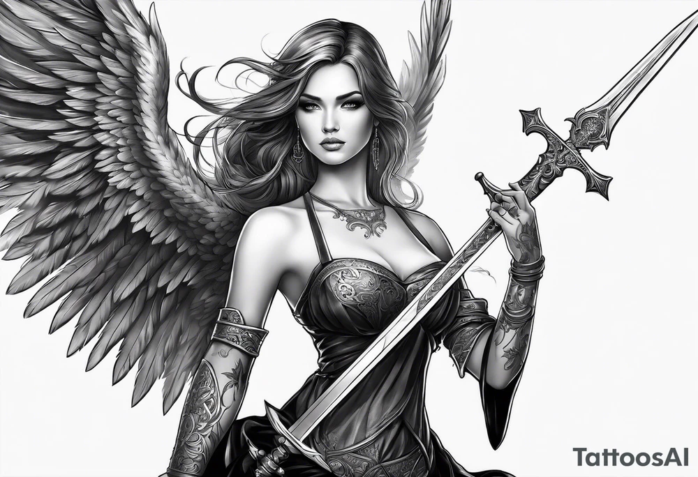 Female angel with sword and smoke tattoo idea