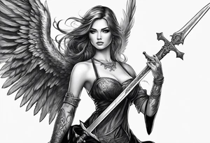 Female angel with sword and smoke tattoo idea