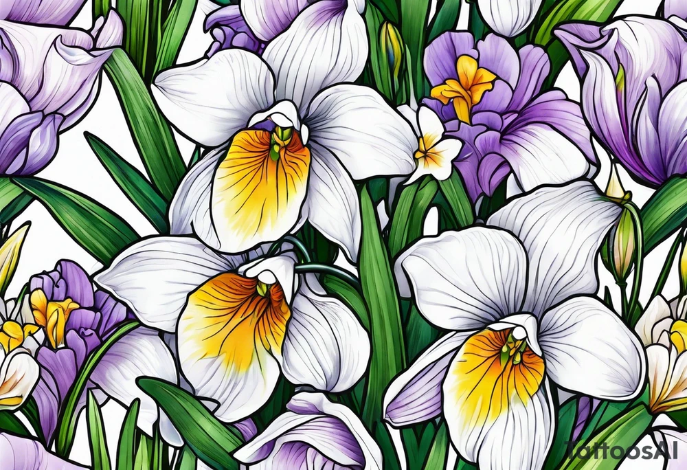 snowdrop, iris, cherry blossom, daisy, morning glory bouquet tattoo idea