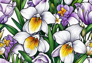 snowdrop, iris, cherry blossom, daisy, morning glory bouquet tattoo idea