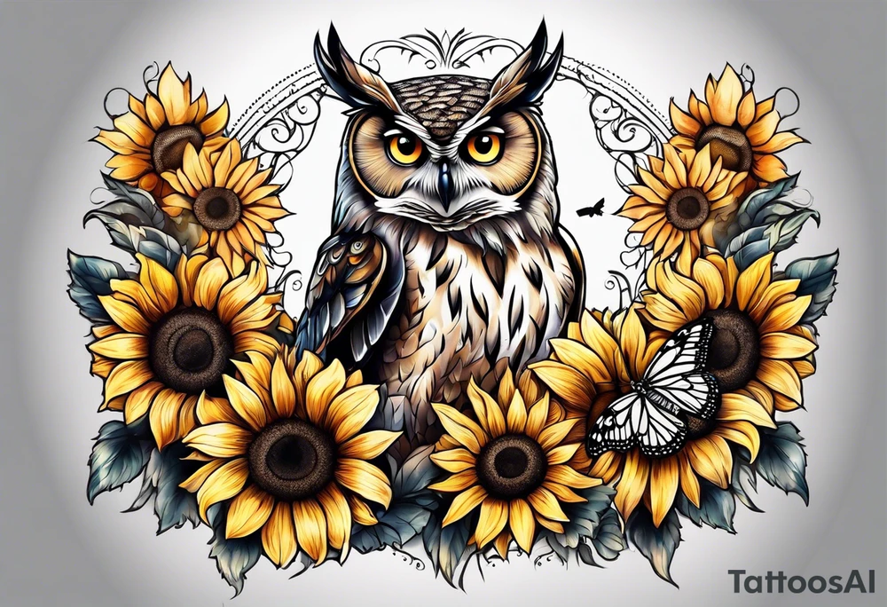 Owl surrounded with sunflowers and one butterfly tattoo idea