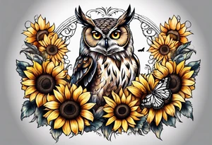 Owl surrounded with sunflowers and one butterfly tattoo idea