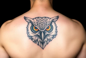 Biomechanics  large colored tripping eye owl head on the forearm tattoo idea