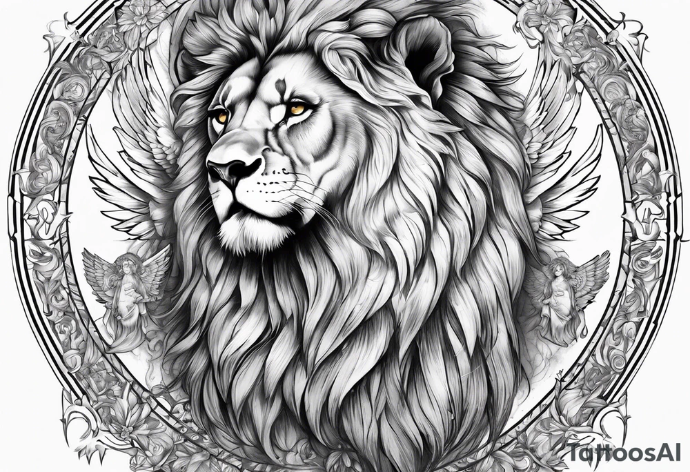 Full sleeve with Lion, cross, praying hands and angels. Incorporate the names Scarlett and Faith in the design tattoo idea