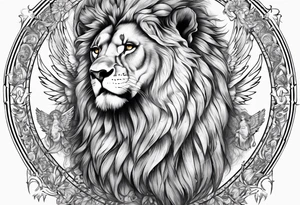 Full sleeve with Lion, cross, praying hands and angels. Incorporate the names Scarlett and Faith in the design tattoo idea