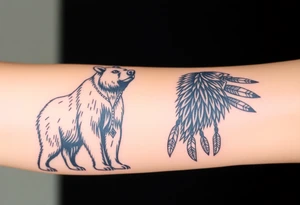 Indigenous, Majestic, and Powerful male Goliath Grizzly Bear and an Indigenous, Majestic, and Powerful King Elk standing guard for an Indigenous, Majestic, and Powerful Raven haired Warrior Squaw tattoo idea