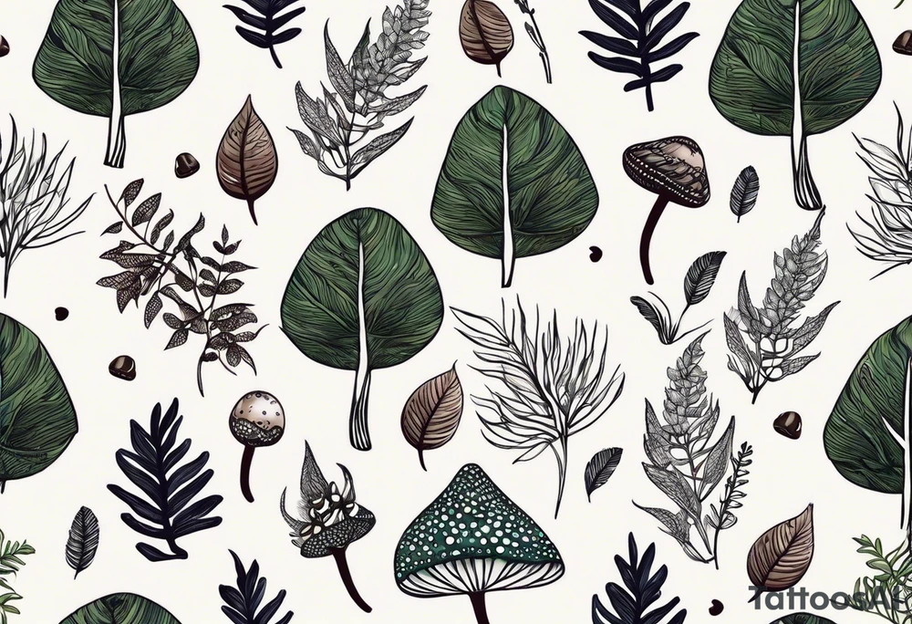 minimalistic forest floor inspired tattoo, which includes grass, moss, curly ferns and dead leaves as the bulk of the tattoo. details to include: forest berries, couple of very small brown mushrooms, a tiny bumblebee flying nearby tattoo idea