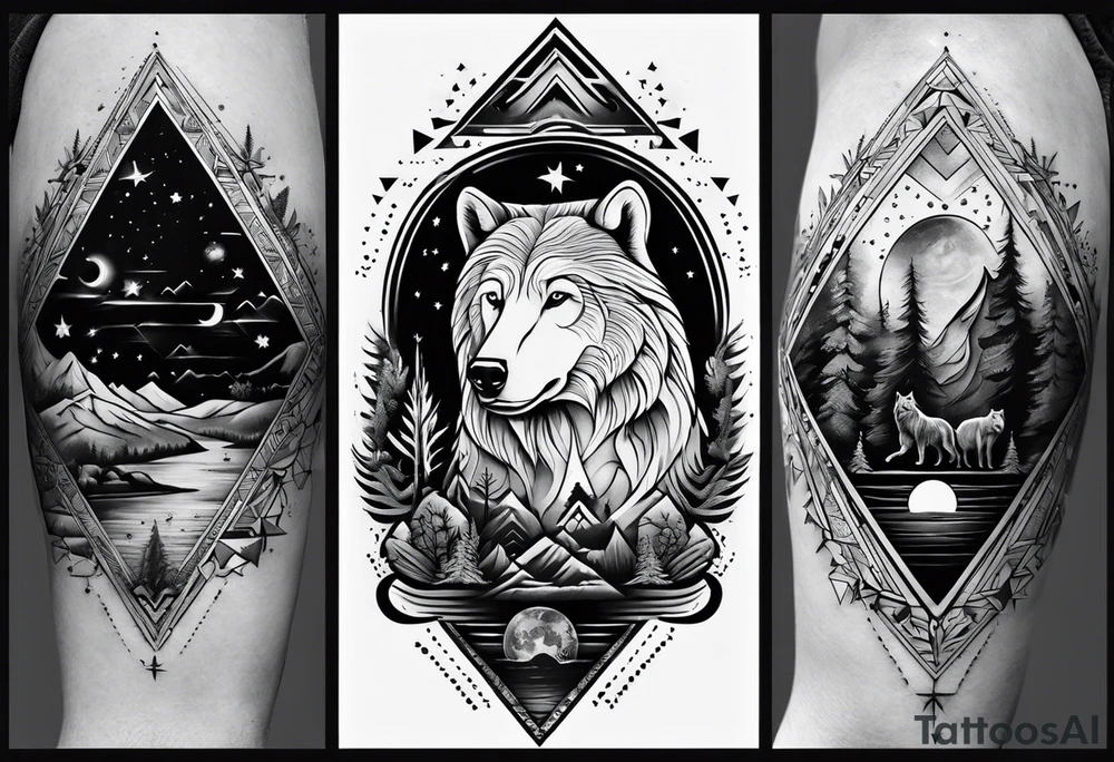 Full sleeve tattoo in black and white colore. The design should include space, stars, forest, sunset, mountains, cliffs, waterfall, water, ocean, wild animals (bear, wolves, elephant), and inserts of triangles and geometric figures. I have two children – a son, Sergei (the eldest), and a daughter, Anna, who live with me and my wife. But I also have another daughter, Marianna, whom I haven't seen for a long time and eagerly await to meet. The tattoo should symbolize love and protection for my children and family, the desire to secure their future, and confidence in tomorrow. It should reflect the notion of not looking back, but always moving forward and achieving goals! tattoo idea