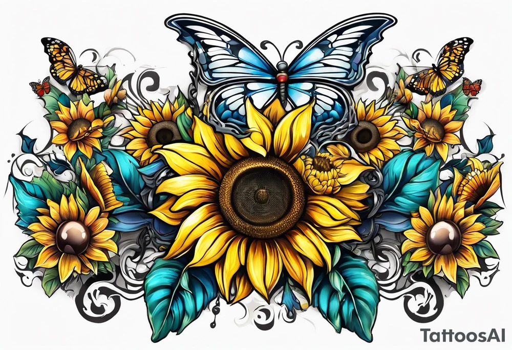 Arm sleeve with Winged cross with sunflower and butterflies tattoo idea