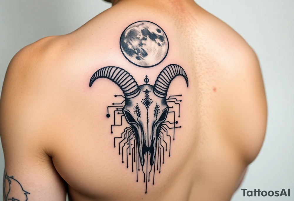 Vertical forearm tattoo, goat skull at wrist, new moon at top, flowing digital circuits connecting elements, blackletter gothic text vertically like 'Magic Illuminator', cyber-gothic occult style, black and gray with subtle glow tattoo idea
