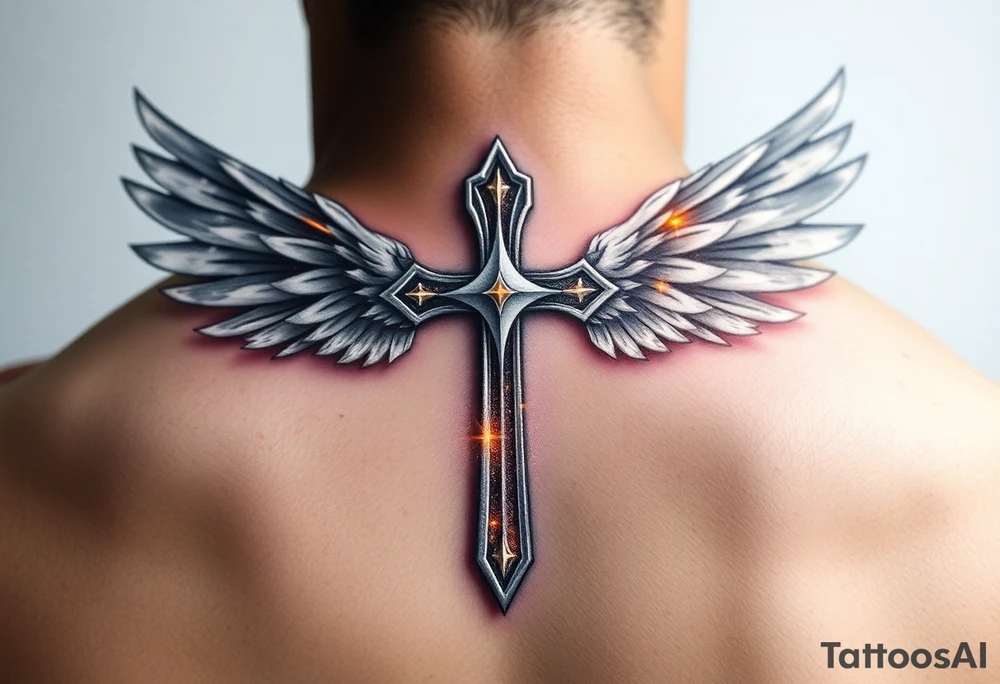 A silver gothic cross with large angelic wings, softly shaded in white and gray, glowing with divine golden light tattoo idea