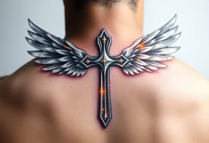A silver gothic cross with large angelic wings, softly shaded in white and gray, glowing with divine golden light tattoo idea