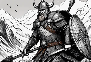 A Christian viking in armor except the helmet on the brink of death pierced with arrows propping himself up with his sword on a seemingly bleak battlefield while still looking up with hope tattoo idea