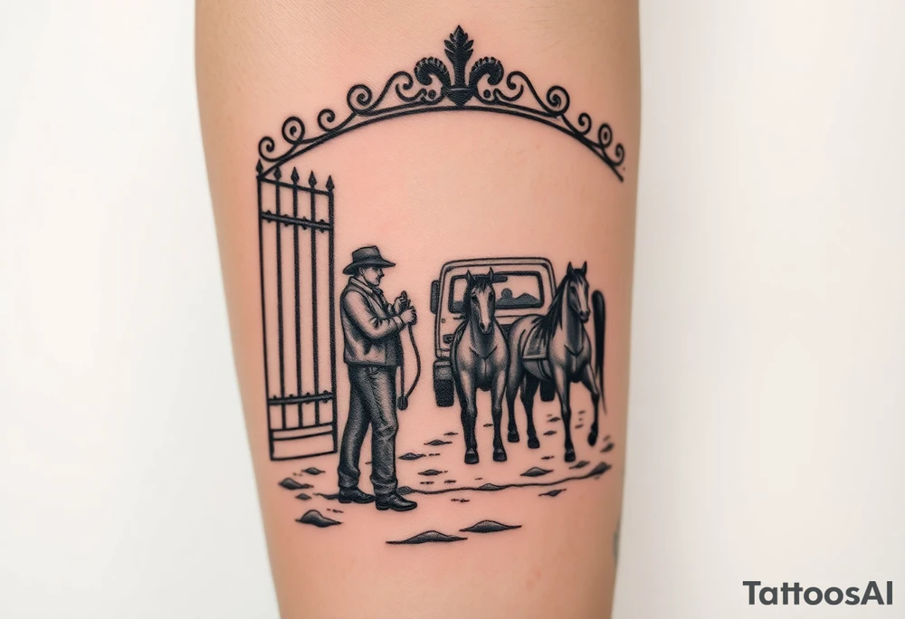 Gate with a man leaning on it feeding horses with a squatted truck in the back tattoo idea