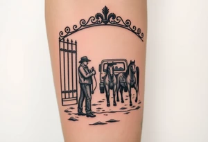 Gate with a man leaning on it feeding horses with a squatted truck in the back tattoo idea