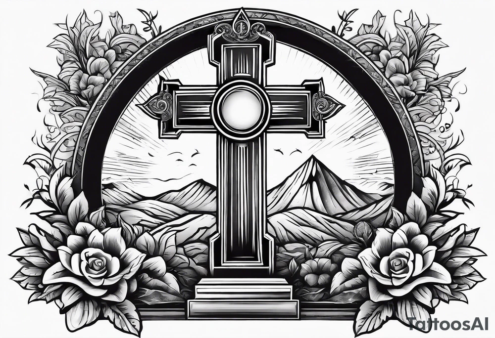 Tomb with cross and sun in the background tattoo idea
