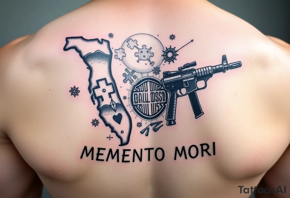 colorful futuristic memory tattoo for passed boyfriend; Florida, gulf coast water, Harley Davidson, skateboarding, puzzle pieces, video games, heaven, god, outdoors, guns, disc golf, words "MEMENTO MORI" tattoo idea