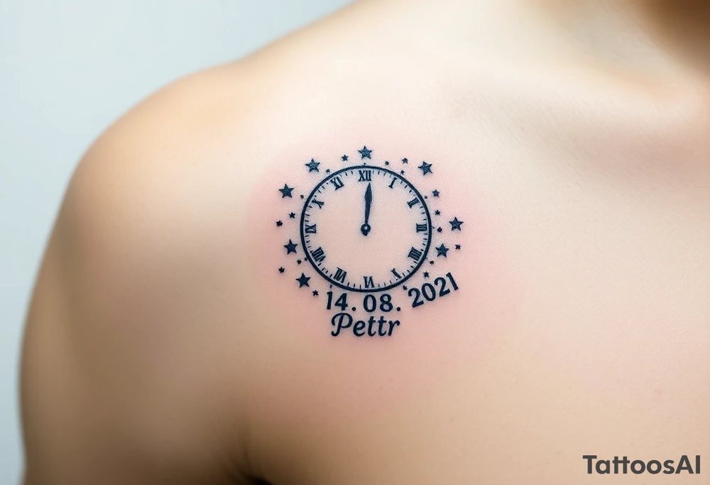 A minimalist crescent moon clock, surrounded by stardust and the child’s birth date "14. 08. 2021" and name "Petr" written in the stars, in midnight blue and silver tattoo idea