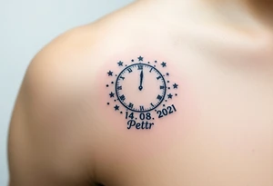 A minimalist crescent moon clock, surrounded by stardust and the child’s birth date "14. 08. 2021" and name "Petr" written in the stars, in midnight blue and silver tattoo idea
