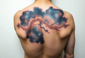 The galaxy using negative spaces with hints of blue and copper tattoo idea