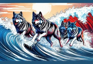 a pack muscular of gray wolves surfing with a tropical background with red white and blue hues tattoo idea