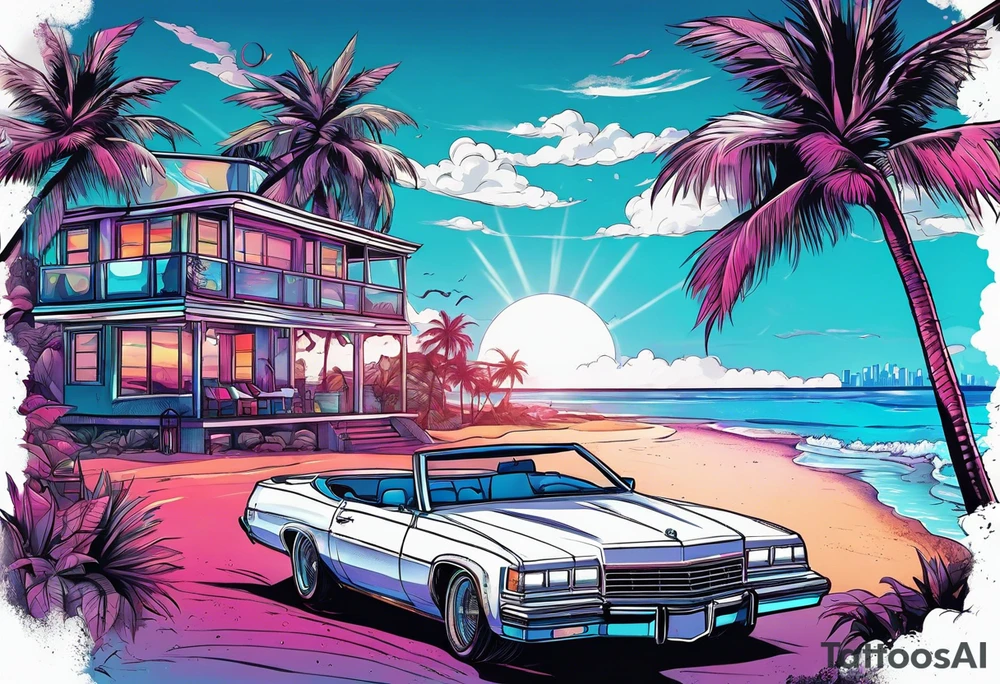 miami vice style beach party, no cars tattoo idea