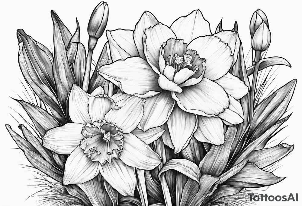 Daffodil, water Lily, larkspur, mountain tattoo idea