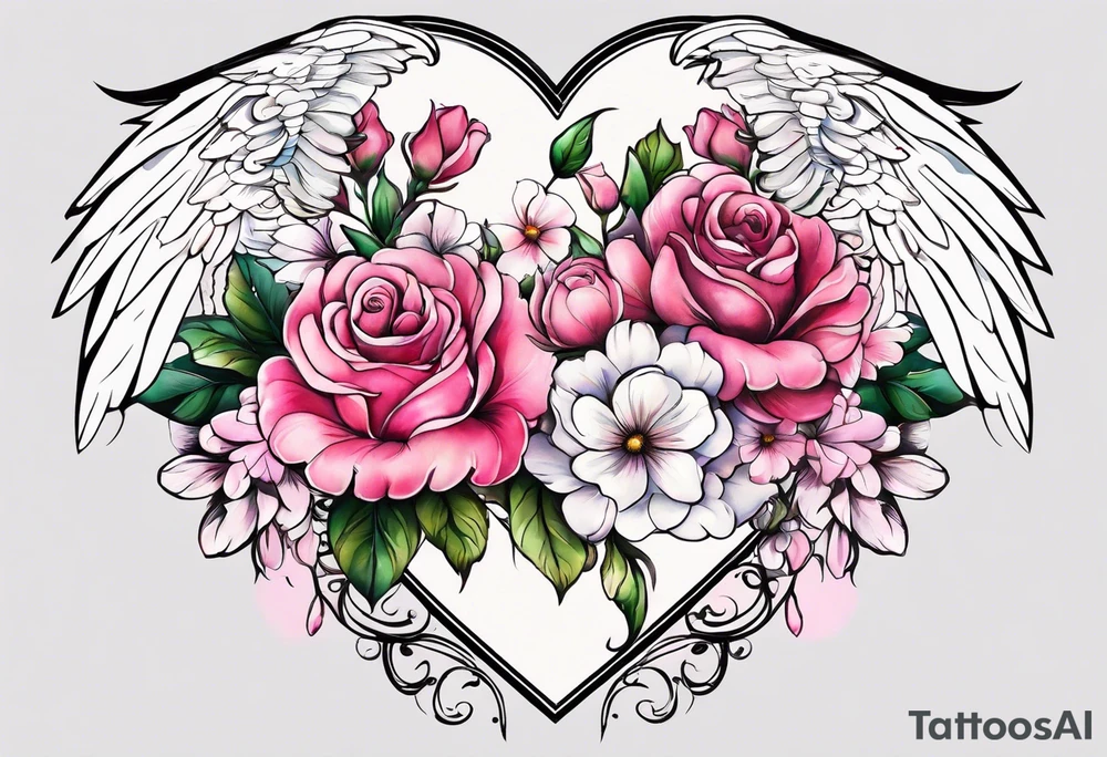 Flowers around a heart with angel wings with pink colors arm sleeve tattoo idea