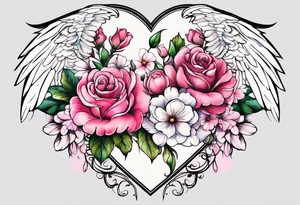 Flowers around a heart with angel wings with pink colors arm sleeve tattoo idea