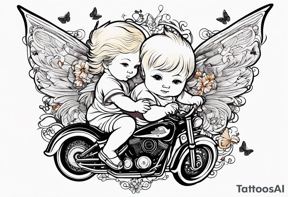 white, blonde cherub with harley davidson logo wings with butterflies tattoo idea