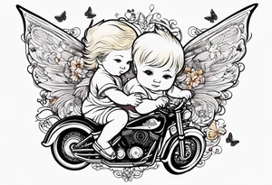white, blonde cherub with harley davidson logo wings with butterflies tattoo idea