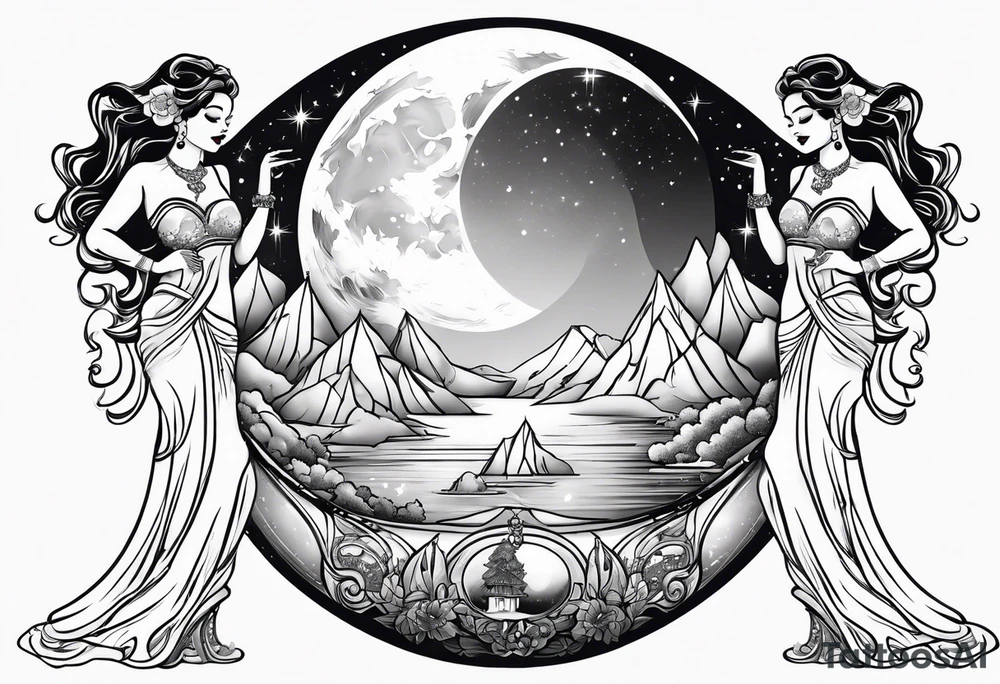 crystal ball that shows three women dancing underneath a full moon tattoo idea