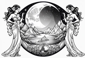 crystal ball that shows three women dancing underneath a full moon tattoo idea
