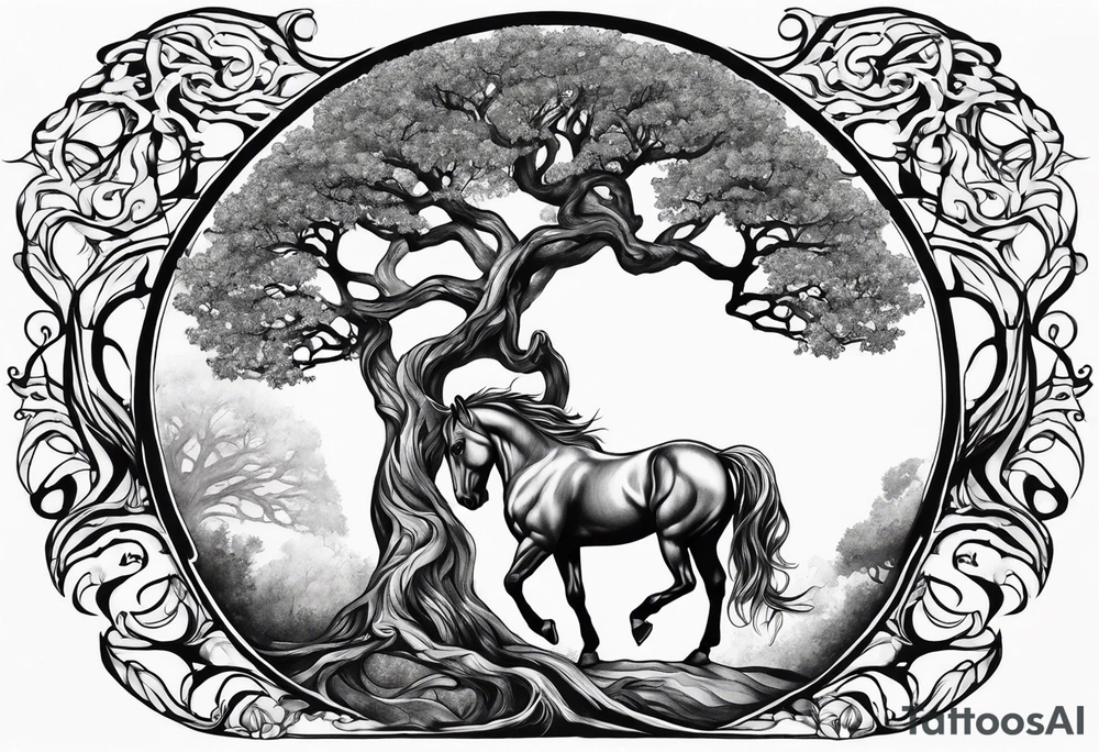 Realistic Horse and Yggdrasil tree tattoo idea
