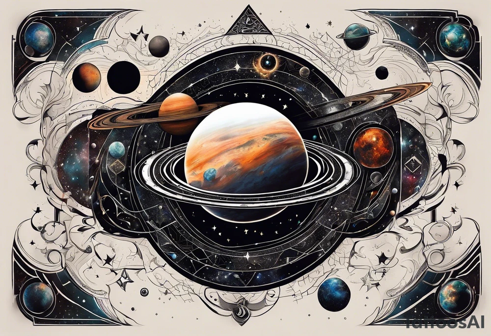 A tattoo featuring a cosmic scene with planets, black holes, and supernovae intertwined with intricate linguistic symbols, reflecting the client's interests in cosmology and linguistics. tattoo idea