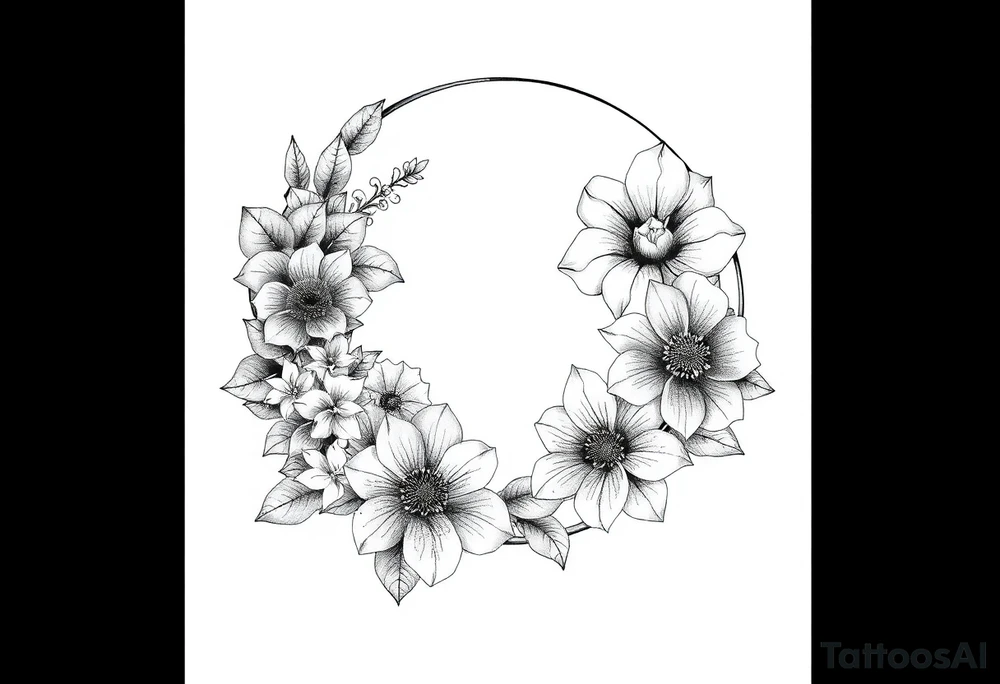 moon-shaped diferent flowers tattoo idea