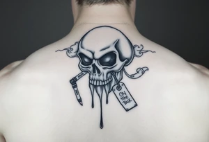 Graffiti type skull with markers dripping ink with a tag that says on tick behind it with smoke that says fuck the buff tattoo idea