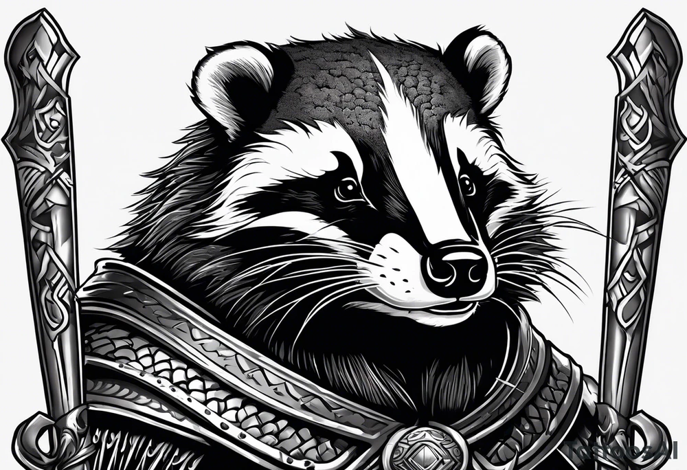 Draw me hunting badger with aggressive full body, killer face with a smile, very long nails and he attacks like a Turkish gladiator to enemy and also he has very deadly looking. The only weapon is his braveness he fights with his nails. Everybody scares after their first sight. And horror type Badger this is. tattoo idea
