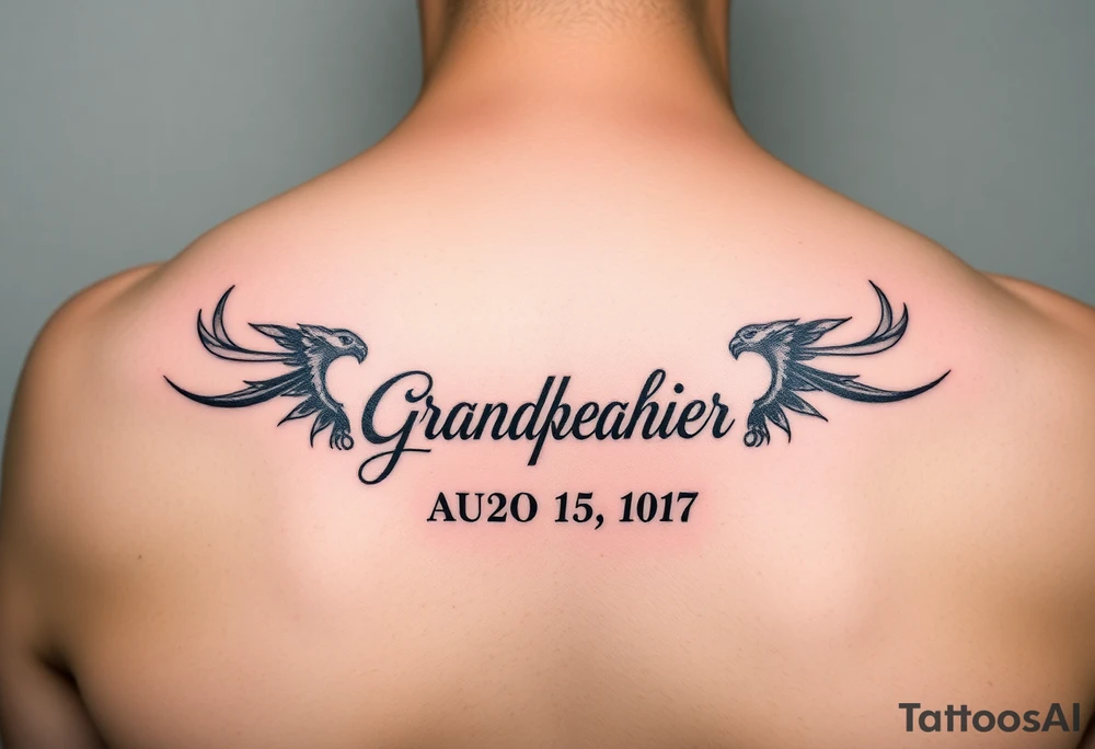 A Small tattoo , on the shoulder traps , representing grandfather and date of death, could be in German tattoo idea