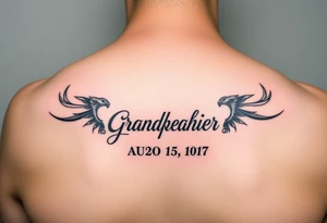 A Small tattoo , on the shoulder traps , representing grandfather and date of death, could be in German tattoo idea