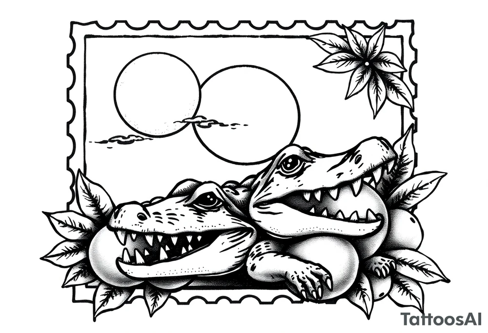 can you do another post stamp florida themed design with a gator the sun and oranges in a traditiona style
please add the vertical rectangle postage stamp tattoo idea