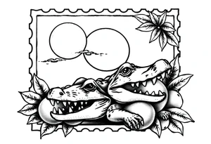 can you do another post stamp florida themed design with a gator the sun and oranges in a traditiona style
please add the vertical rectangle postage stamp tattoo idea