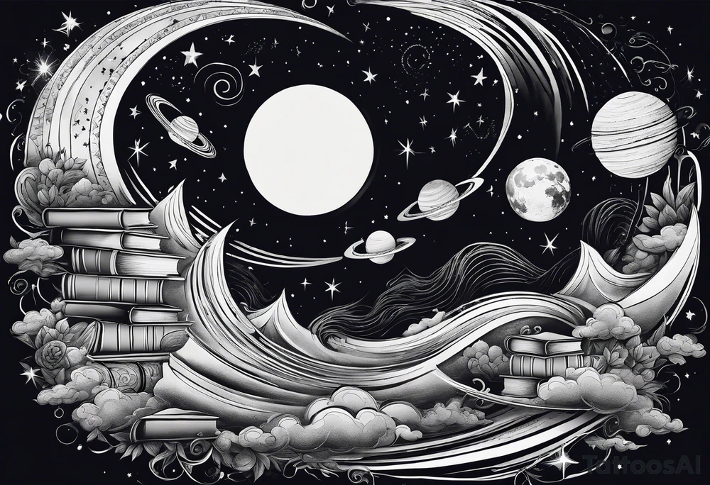 Stack of books with a universe sky and moons, the top book is open and has things coming alive from it tattoo idea