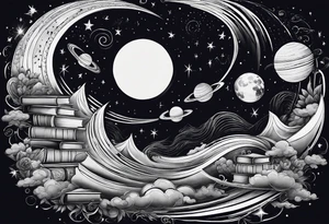 Stack of books with a universe sky and moons, the top book is open and has things coming alive from it tattoo idea